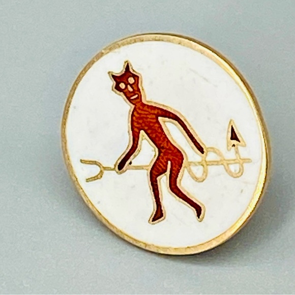 Antique Guilloche Red Devil on Pitchfork Enamel 10K Secret Society Pin Stief Co.